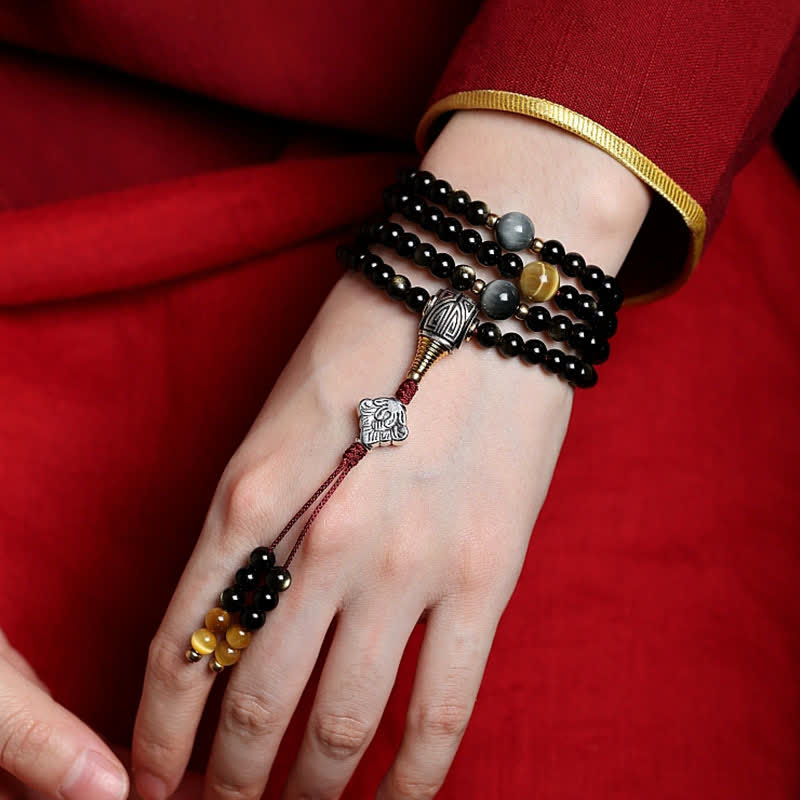 Fortune Jewel 108 Mala Beads Gold Sheen Obsidian Tiger Eye Eagle's Eye Stone Wealth Bracelet