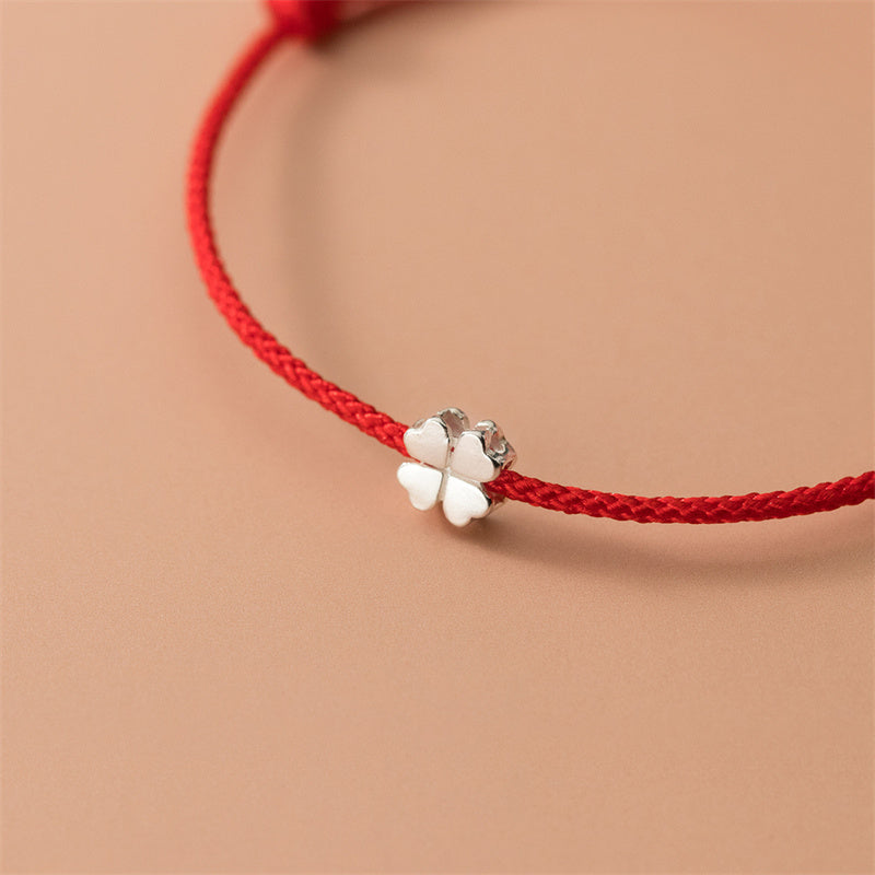 Fortune Jewel 925 Sterling Silver Four Leaf Clover Red Rope Bracelet