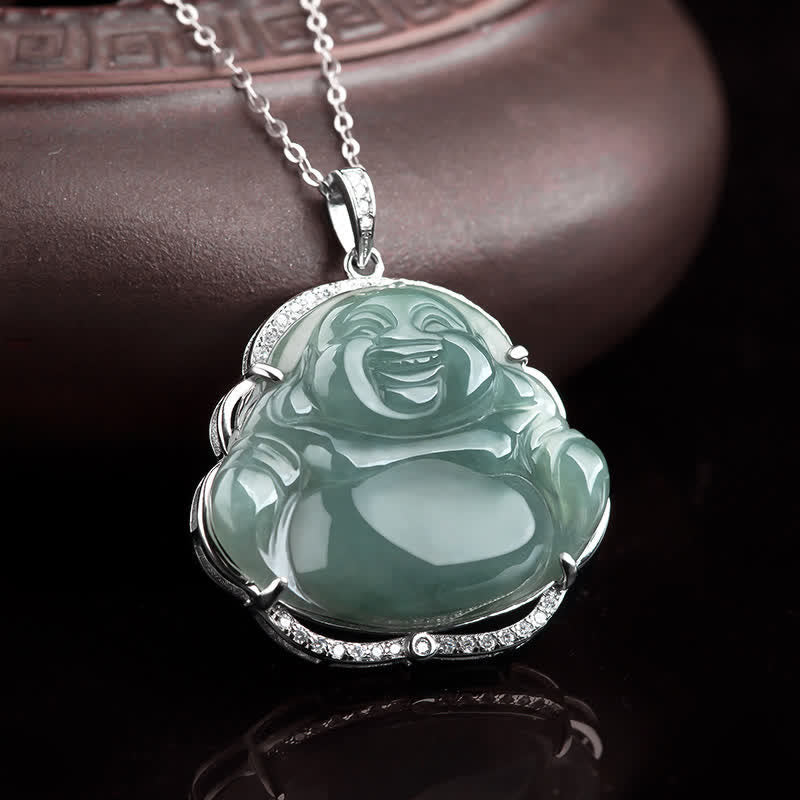 Fortune Jewel Laughing Buddha Natural Jade Luck Necklace Titanium Steel Chain Pendant Fortune Jewel