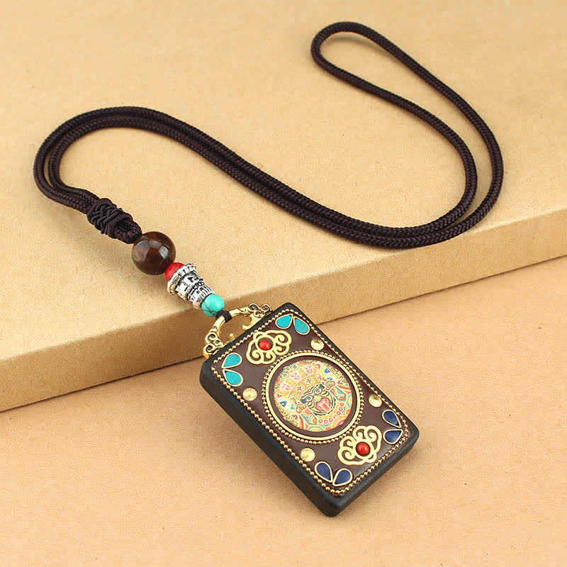 Fortune Jewel Tibet God of Wealth Thangka Ebony Peace Necklace Pendant