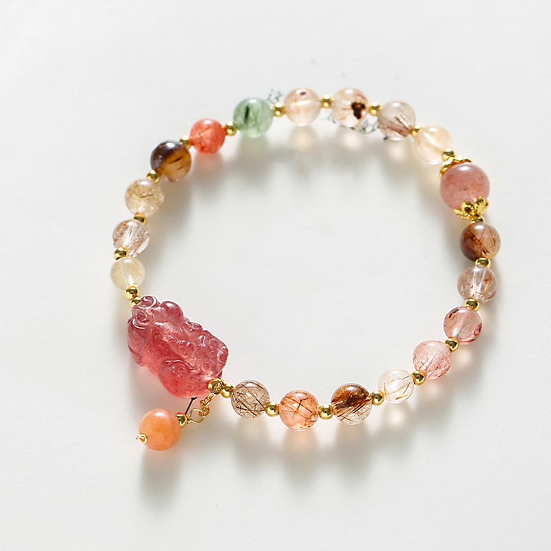 Fortune Jewel Natural Rutilated Quartz Strawberry Quartz PiXiu Wealth Bracelet