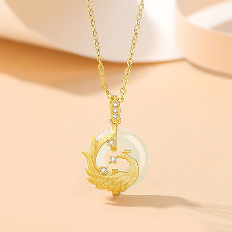 Fortune Jewel 925 Sterling Silver Year of the Dragon Hetian Jade Golden Dragon Phoenix Peace Buckle Luck Necklace Pendant