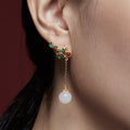 Fortune Jewel Vintage White Jade Red Agate Bead Blessing Drop Dangle Earrings