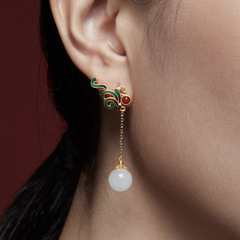 Fortune Jewel Vintage White Jade Red Agate Bead Blessing Drop Dangle Earrings