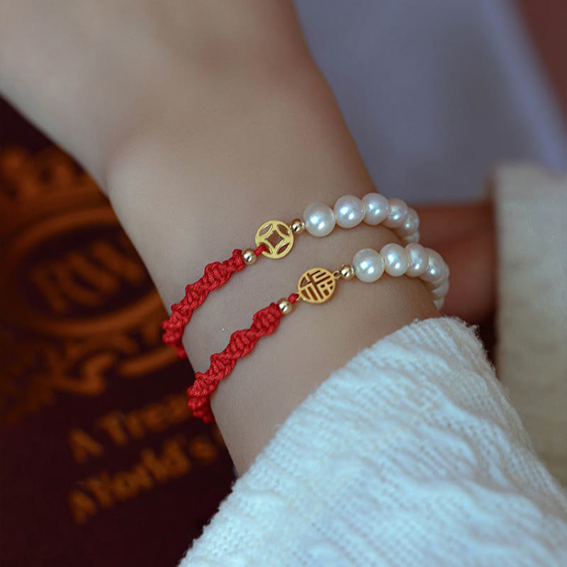 Fortune Jewel 14K Gold Plated Pearl Bead Luck Protection Braid Red String Bracelet