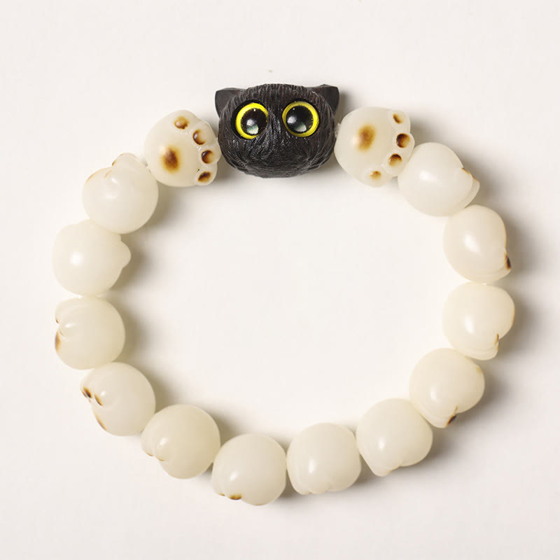 Fortune Jewel Natural Bodhi Seed Lovely Paw Ebony Wood Lucky Cat Wisdom Bracelet