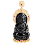 Fortune Jewel Natural Black Jade Kwan Yin Avalokitesvara Wealth Titanium Steel Chain Necklace Pendant Fortune Jewel