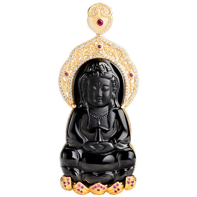 Fortune Jewel Natural Black Jade Kwan Yin Avalokitesvara Wealth Titanium Steel Chain Necklace Pendant Fortune Jewel