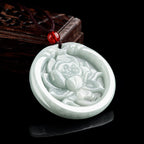 Fortune Jewel Natural Jade Lotus Flower Carved Prosperity Necklace Pendant Fortune Jewel