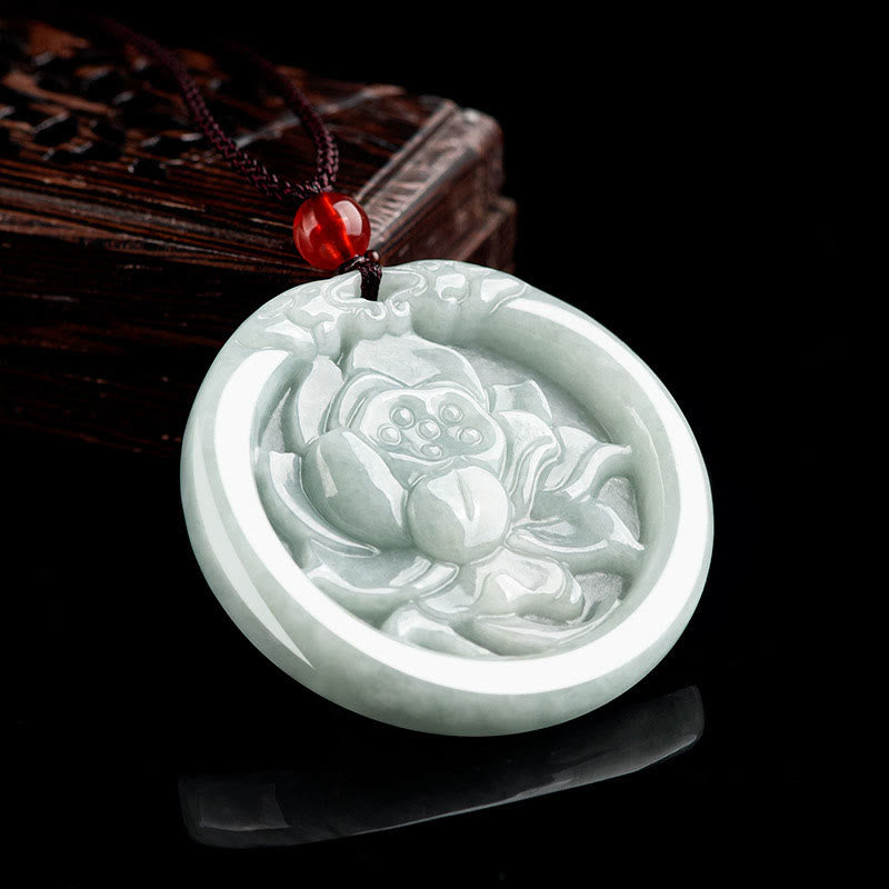 Fortune Jewel Natural Jade Lotus Flower Carved Prosperity Necklace Pendant Fortune Jewel