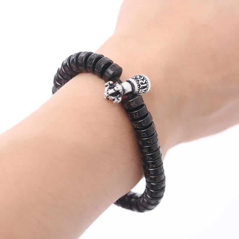 Fortune Jewel Tibet Coconut Shell Carved Om Mani Padme Hum Dorje Vajra Bell Happiness String Bracelet