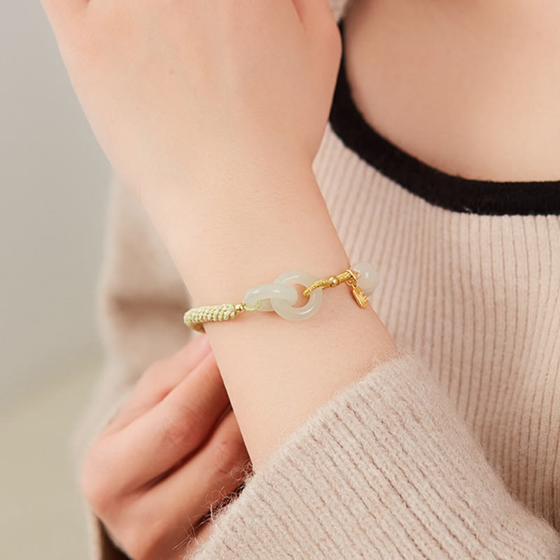 Fortune Jewel Natural Hetian Jade Bead Double Peace Buckle Fu Character Abundance Braided Bracelet