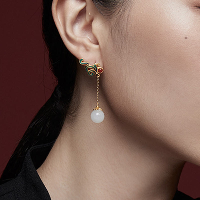 Fortune Jewel Vintage White Jade Red Agate Bead Blessing Drop Dangle Earrings