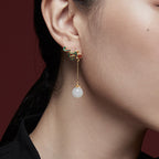 Fortune Jewel Vintage White Jade Red Agate Bead Blessing Drop Dangle Earrings