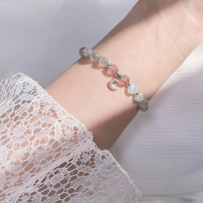 Fortune Jewel Strawberry Quartz Moonstone Luck Moon Charm Bracelet