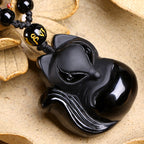 Fortune Jewel Natural Black Obsidian Tiger Eye Ice Obsidian Fox Pendant Amulet Necklace