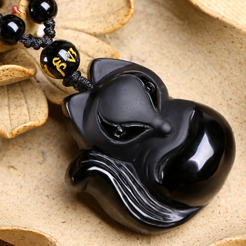 Fortune Jewel Natural Black Obsidian Tiger Eye Ice Obsidian Fox Pendant Amulet Necklace