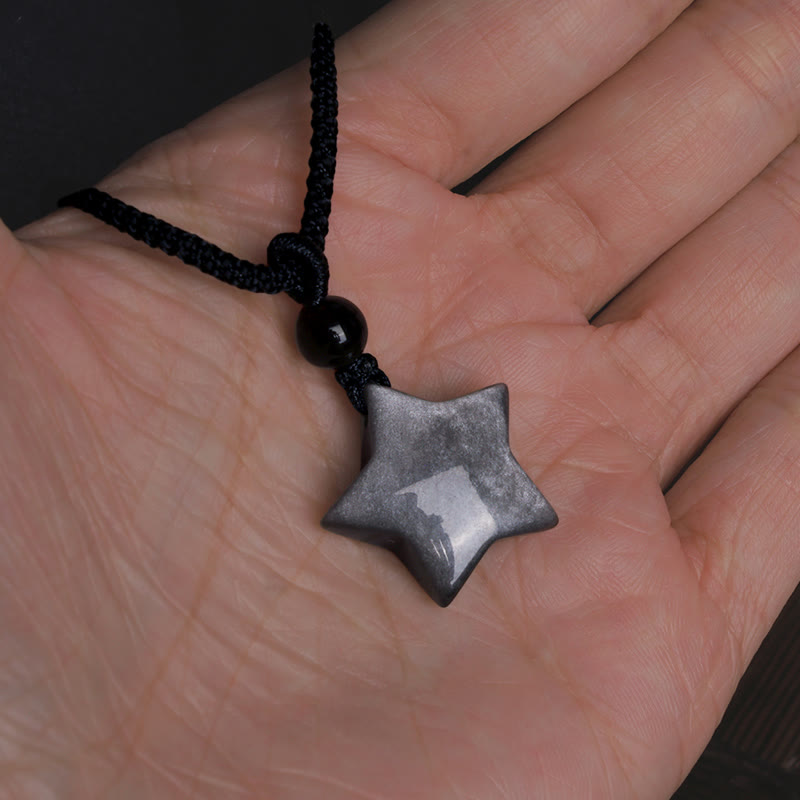 Fortune Jewel Natural Silver Sheen Obsidian Star Crescent Moon Protection Necklace Pendant