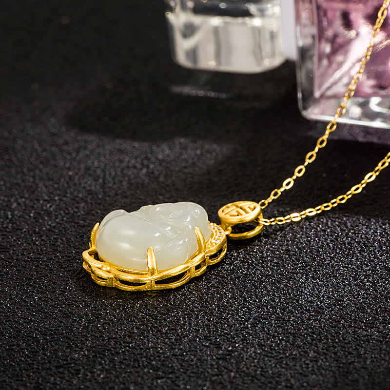 Fortune Jewel 925 Sterling Silver Laughing Buddha Hetian White Jade Protection Necklace Pendant Fortune Jewel
