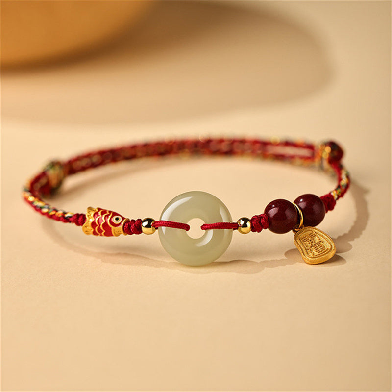 Fortune Jewel 925 Sterling Silver Koi Fish Hetian Jade Peace Buckle Luck Bracelet