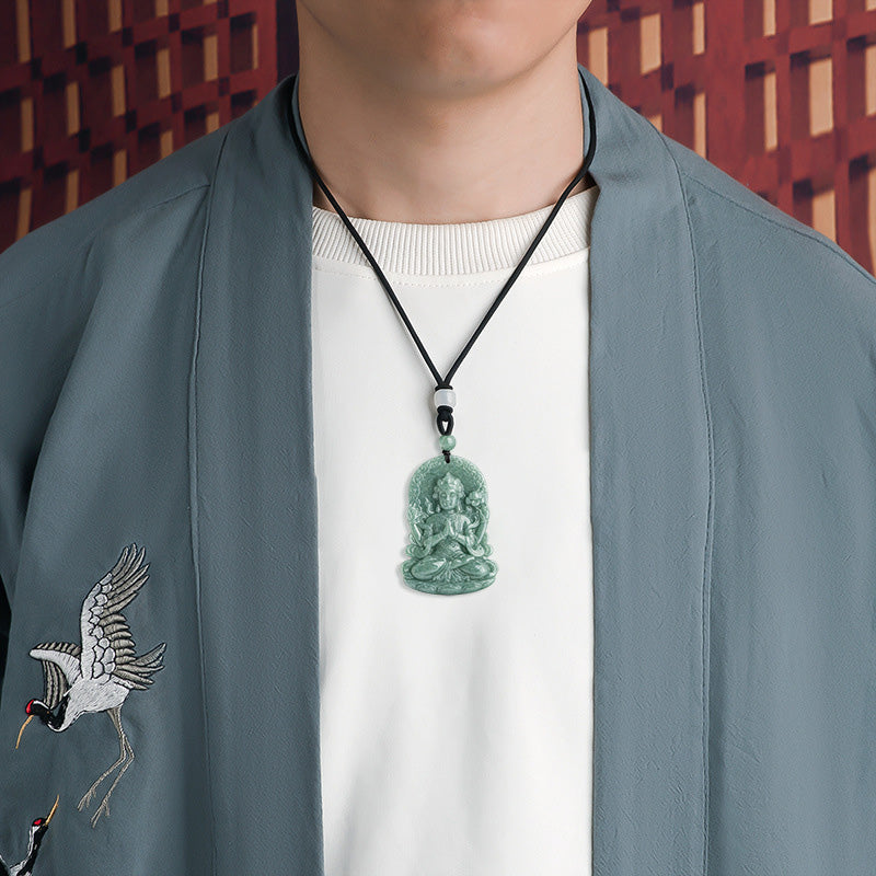 Fortune Jewel Four-armed Avalokitesvara Natural Jade Amulet Blessing String Necklace Fortune Jewel