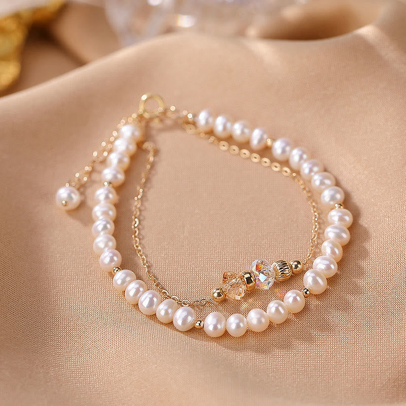 Fortune Jewel 925 Sterling Silver Plated 14k Gold Natural Pearl Crystal Healing Double Layer Bracelet
