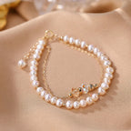 Fortune Jewel 925 Sterling Silver Plated 14k Gold Natural Pearl Crystal Healing Double Layer Bracelet