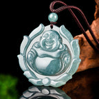 Fortune Jewel Natural Jade Laughing Buddha Lotus Pattern Luck Necklace Pendant Fortune Jewel