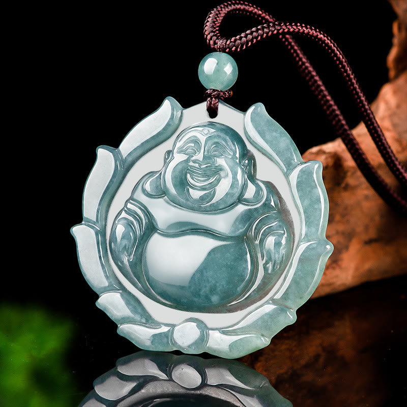 Fortune Jewel Natural Jade Laughing Buddha Lotus Pattern Luck Necklace Pendant Fortune Jewel