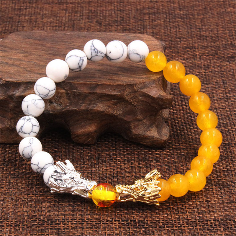 Fortune Jewel White Turquoise Lava Rock Dragon Blessing Beaded Bracelet