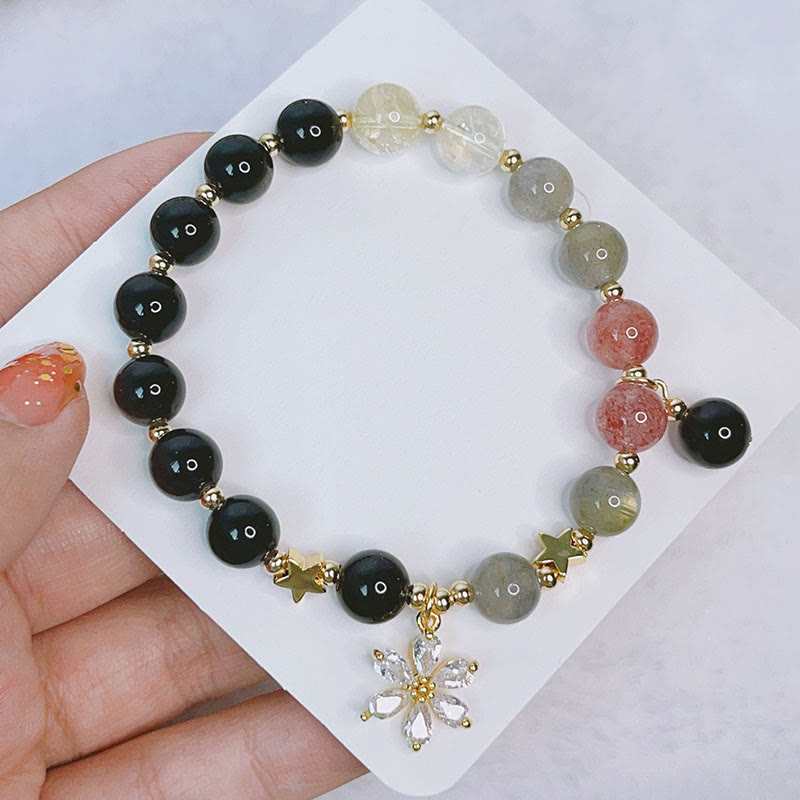 Fortune Jewel Natural Silver Sheen Obsidian Love Heart Star Flower Protection Bracelet