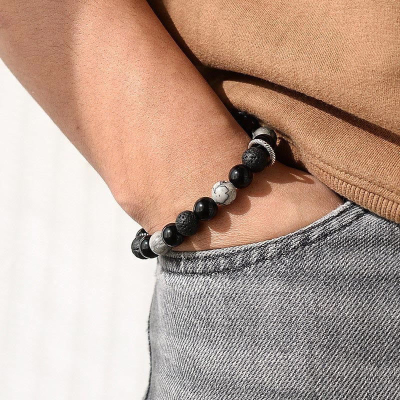 Fortune Jewel Vintage Lava Rock Black Obsidian Picasso Jasper Beads Support Rope Bracelet