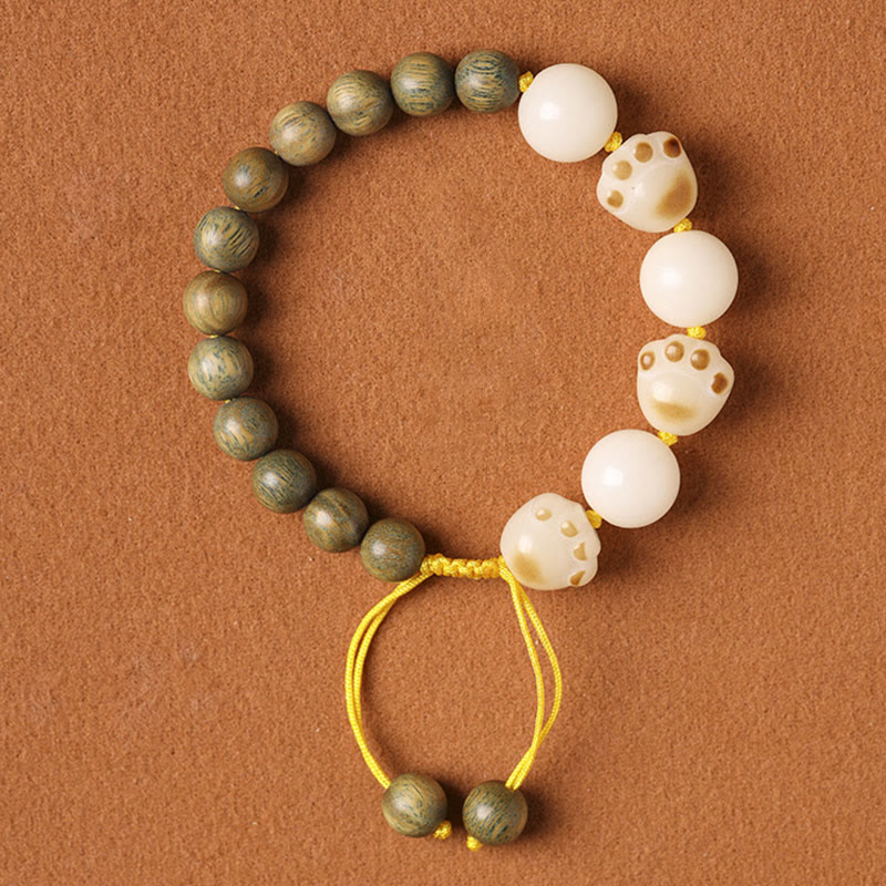 Fortune Jewel Natural Green Sandalwood Bodhi Seed Cat Paw Claw Cure Bracelet