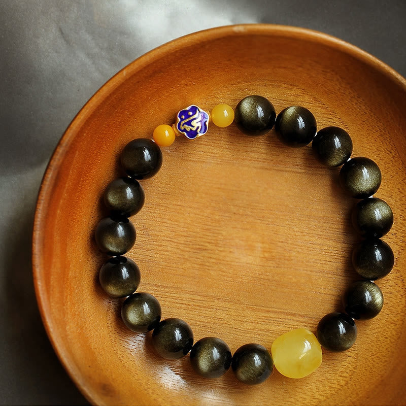 Fortune Jewel 925 Sterling Silver Chinese Zodiac Natal Buddha Natural Gold Sheen Obsidian Amber Wealth Protection Bracelet