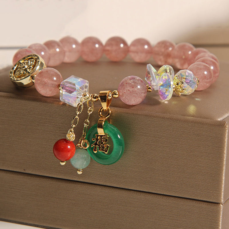 Fortune Jewel Strawberry Quartz Jade Fu Character Charm Healing Bracelet