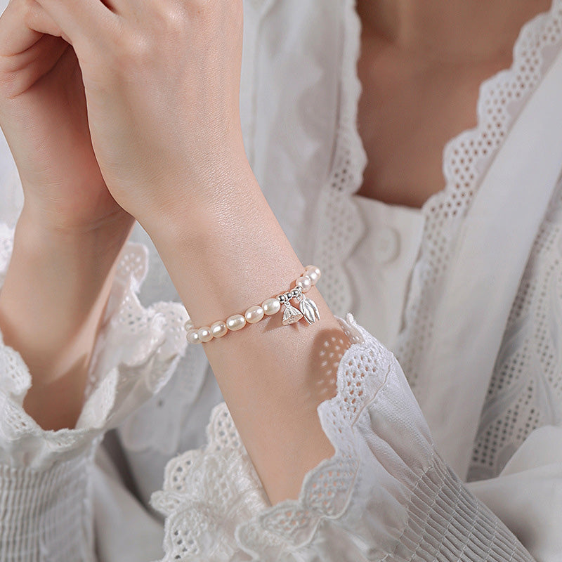 Fortune Jewel 999 Sterling Silver Lotus Flower Pod Natural Pearl Healing Bracelet