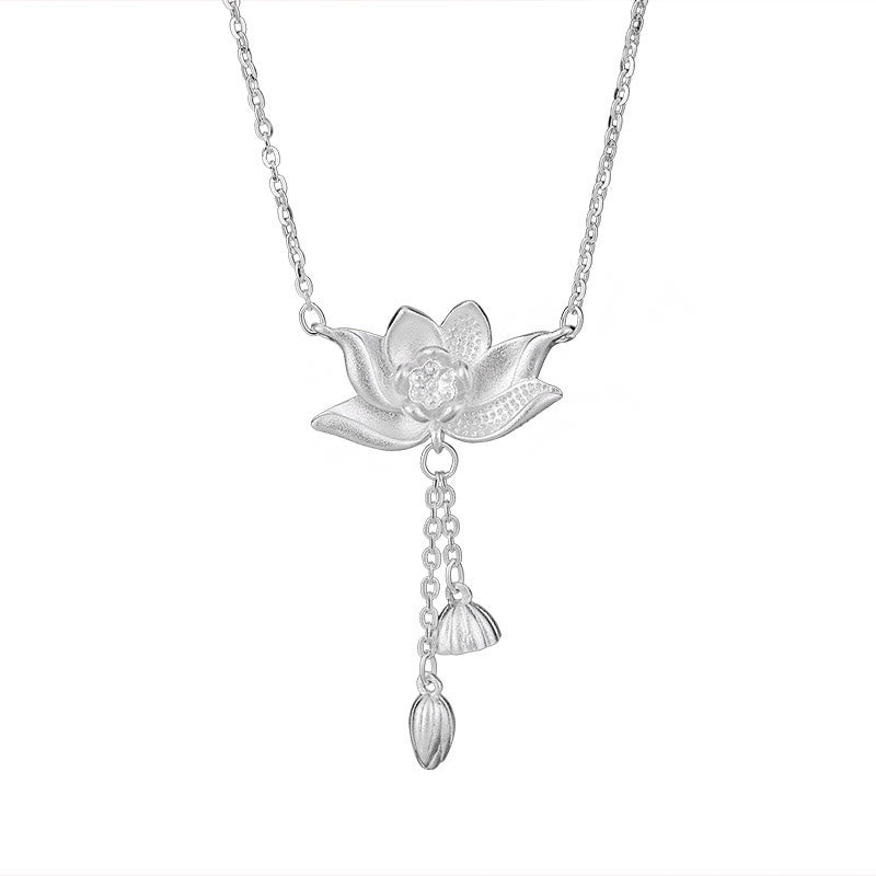Fortune Jewel 999 Sterling Silver Lotus Flower Pod Carved Enlightenment Necklace Pendant Fortune Jewel