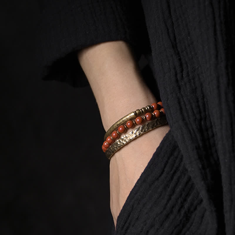 Fortune Jewel Red Jasper Moss Agate Black Obsidian Crystal Copper Peace Couple Bracelet