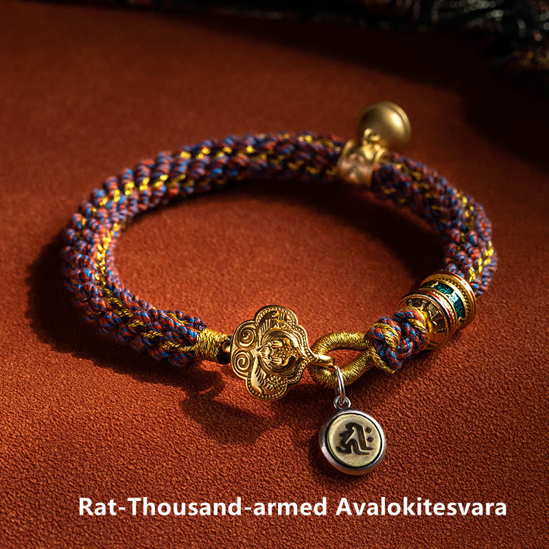 Fortune Jewel 925 Sterling Silver Chinese Zodiac Natal Buddha Om Mani Padme Hum Luck Bell Braided String Bracelet
