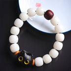 Fortune Jewel Natural Bodhi Seed Small Leaf Red Sandalwood Ebony Wood Cute Lucky Cat Wisdom Bracelet