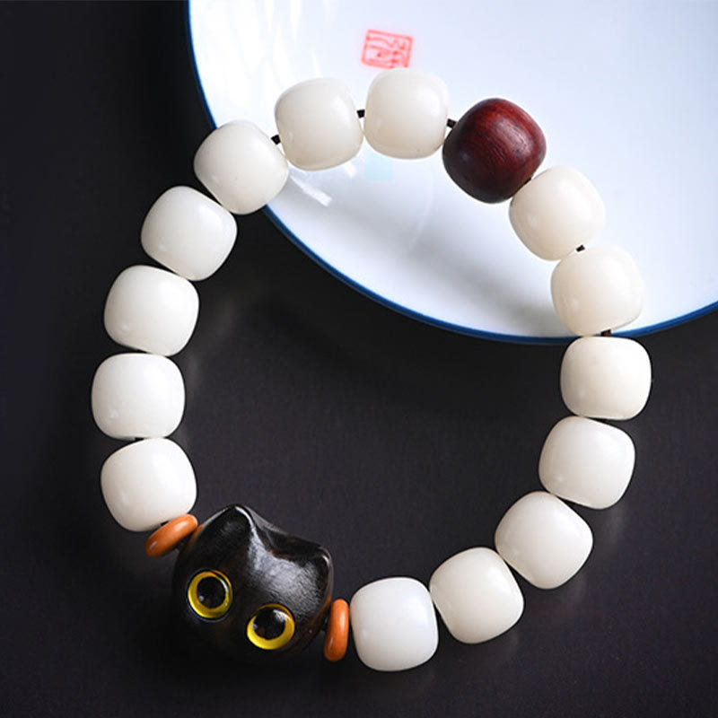 Fortune Jewel Natural Bodhi Seed Small Leaf Red Sandalwood Ebony Wood Cute Lucky Cat Wisdom Bracelet