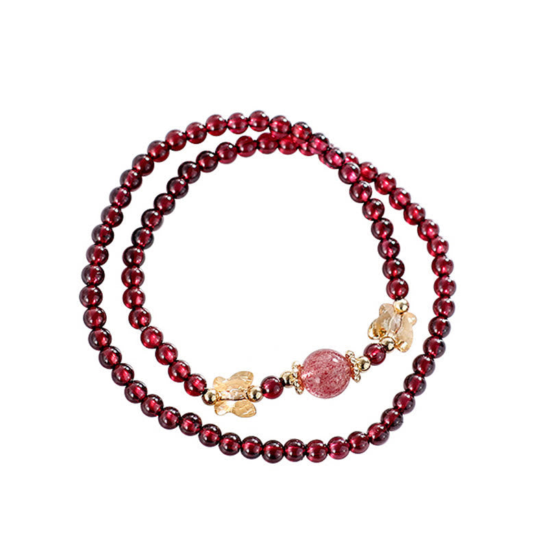 Fortune Jewel 14K Gold Plated Natural Garnet Strawberry Quartz Butterfly Protection Double Wrap Bracelet
