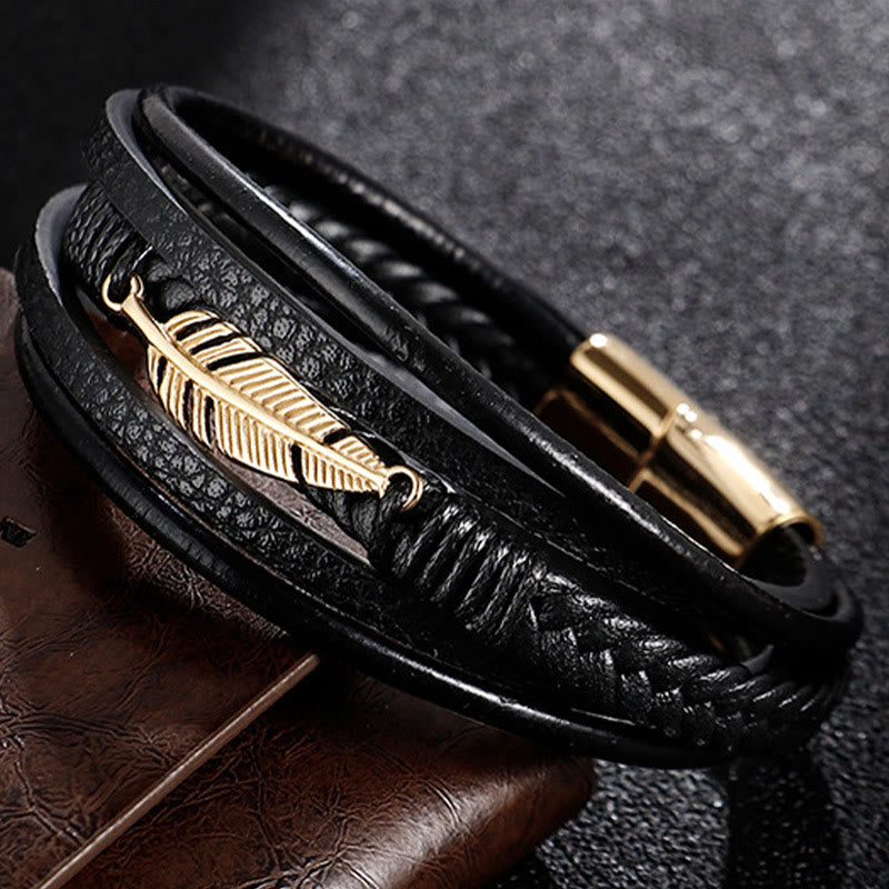 Fortune Jewel Feather Pattern Multilayer Leather Titanium Steel Calm Braided Magnetic Buckle Bracelet