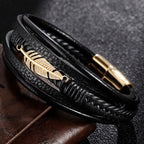 Fortune Jewel Feather Pattern Multilayer Leather Titanium Steel Calm Braided Magnetic Buckle Bracelet
