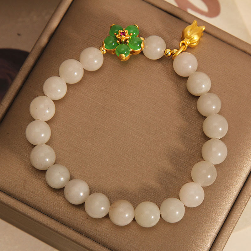 Fortune Jewel Natural Jade Green Flower Lily Of The Valley Luck Bracelet