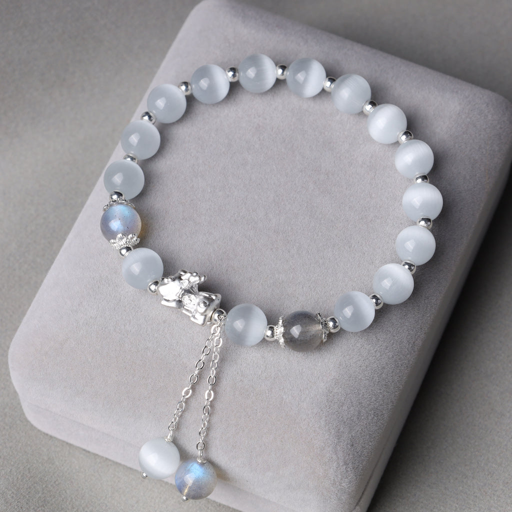 Fortune Jewel Natural Cat's Eye Moonstone Strawberry Quartz PiXiu Support Bracelet
