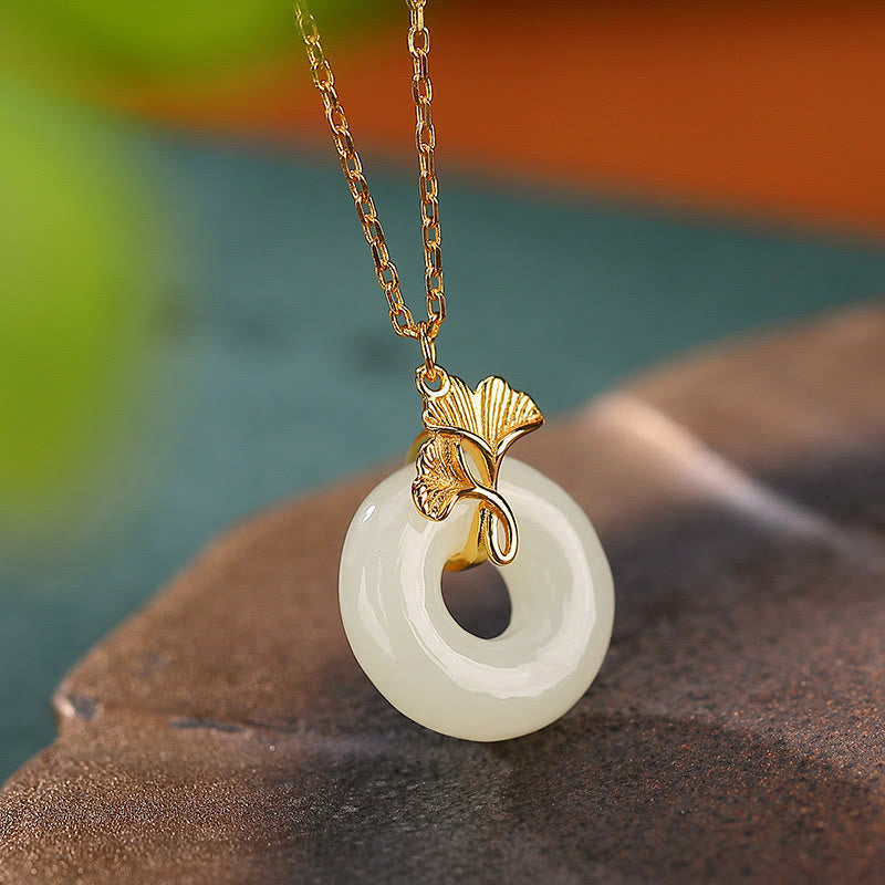 Fortune Jewel 925 Sterling Silver Natural Hetian Jade Ginkgo Leaf Peace Buckle Luck Necklace Pendant