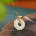 Fortune Jewel 925 Sterling Silver Natural Hetian Jade Ginkgo Leaf Peace Buckle Luck Necklace Pendant
