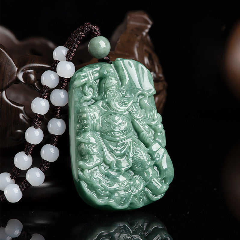 Fortune Jewel Natural Jade Guan Gong Amulet Wealth Necklace Pendant