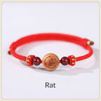 Fortune Jewel Natural Peach Wood Chinese Zodiac Fu Character Carved Cinnabar Wealth Bracelet